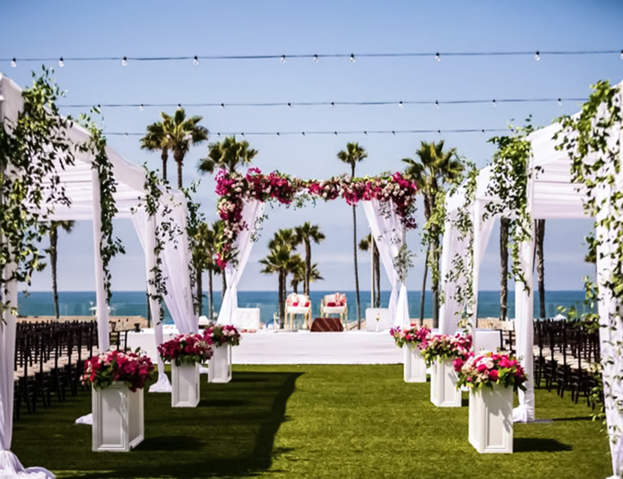Stunning wedding decoration with floral arrangements and ambient lighting.